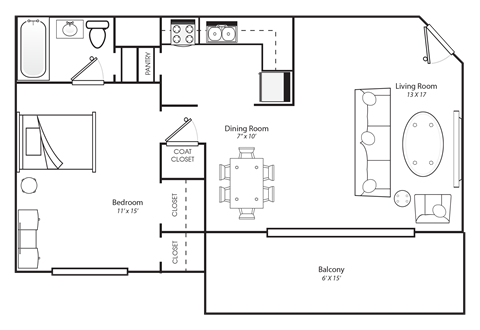 Floor plan for 1 bed, 1 bath, 650 sqft